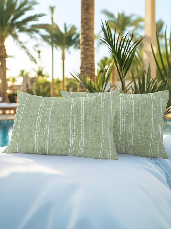 Waterproof Outdoor Pillow Set of 2 Olive Green Linen Stripes Decorative Throw Pillows Cover & Insert 20x12 Inch Lumbar Pillowcase Parallel Vertical Lines Pillows for Couch Sofa Bed Patio Furniture