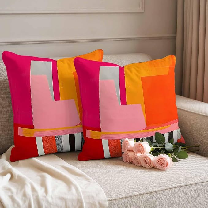 JasmineM Outdoor Pillow Cover 16x16 Inches Set of 2 Abstract Pink Orange Red Waterproof Throw Pillow Covers Painting Modern Art Decorative Pillowcases Garden Cushion Case for Patio Couch Sofa