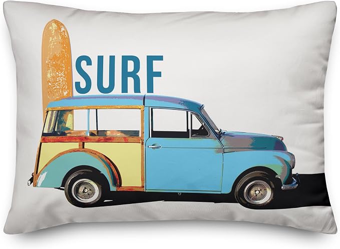 Vintage Surf Car Indoor/Outdoor Pillow | Decorative Pillows for Living Room Couch Bed Sofa Patio, Fluffy Soft Cushion | Water Resistant Blue, 14x20