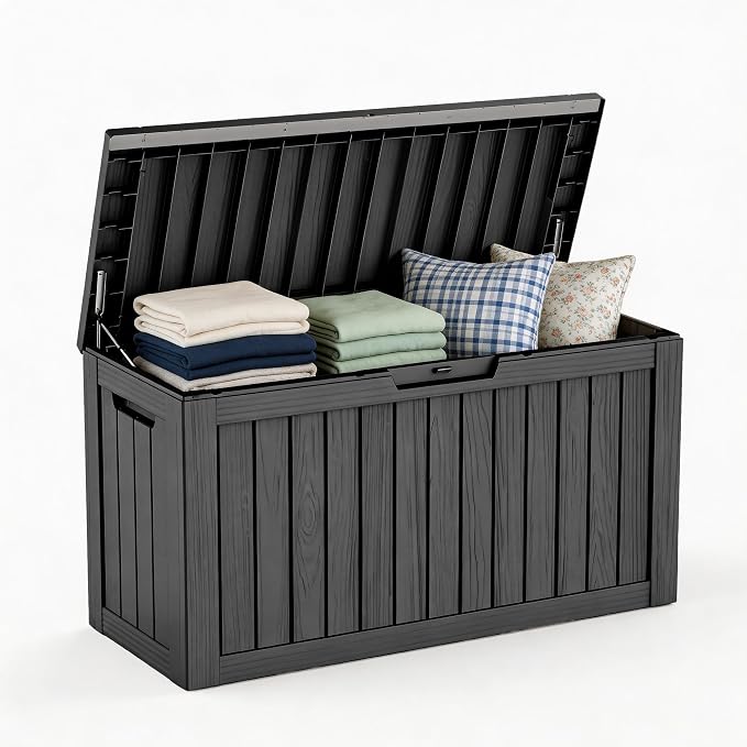 Waterproof Outdoor Storage Box, 85 Gallon Lockable Deck Box, UV-Resistant Outside Storage Bin With Hydraulic Lid For Patio Furniture, Cushion Organizer, Garden Tools, Pool Accessories, Black