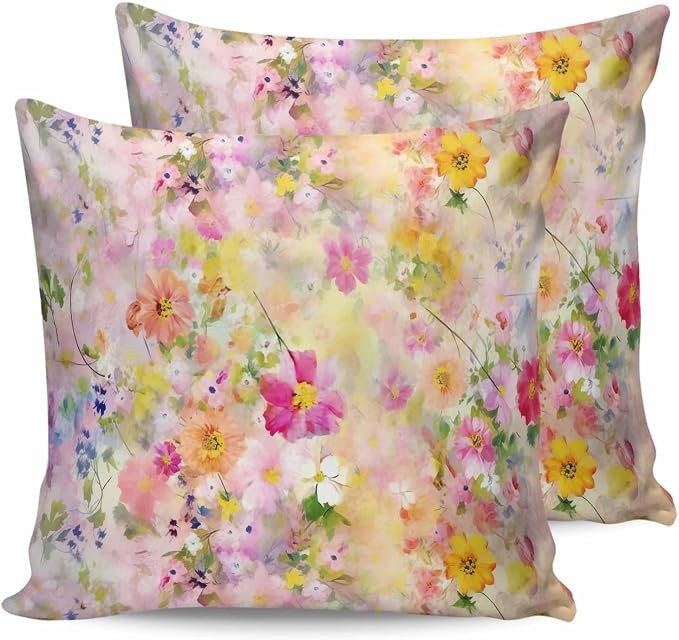 Abstract Outdoor Throw Pillow Covers Pack of 2, Spring Oil Painting Botanical Colorful Flowers Waterproof Pillow Covers Pillowcase for Outside Furniture Bench Patio Garden Decorative, 20"x20"