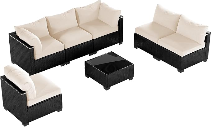 Patio Furniture Set, 7-Piece Outdoor Sectional Couch with Coffee Table & Thick Cushions, Outdoor Wicker Conversation Set for Backyard, Poolside, Garden (Black-White, 7 Piece-Single)