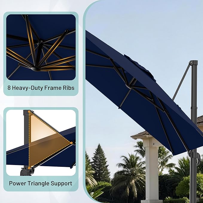 AreShark 10 × 10FT Square Cantilever Patio Umbrella with Base Included, 360° Rotation Offset Outdoor Umbrella, 5 Tilt Settings Heavy Duty Hanging Parasol for Deck Garden Pool, Navy