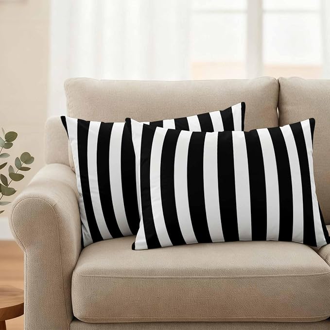 Outdoor Pillow Covers,Black White Geometric Stripe Decorative Throw Pillow Cover Waterproof Pillowcase Set of 2,Linen Cushion Case for Sofa Couch Bed 20x12 Inch,Modern Minimalist Line