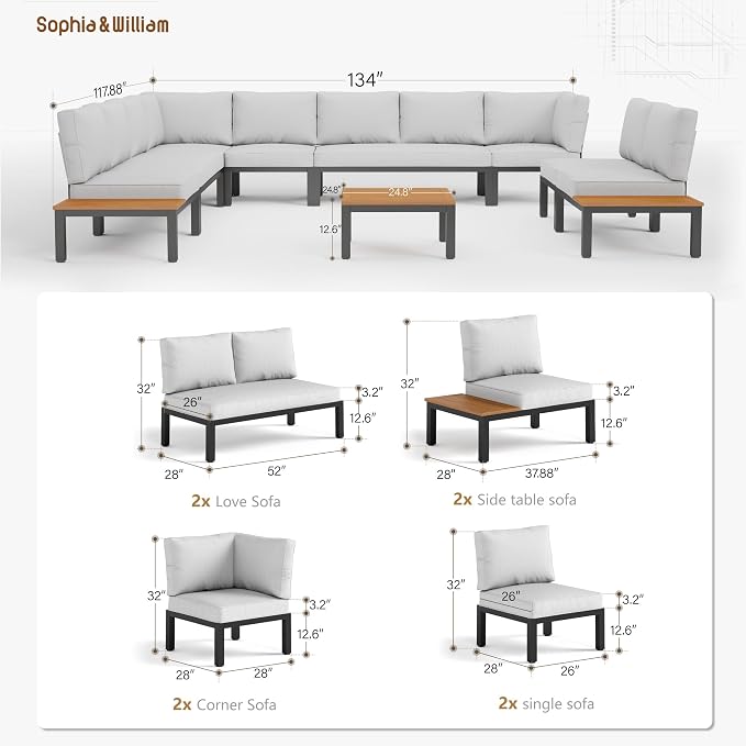 Sophia & William 9PCS Patio Furniture Set, Metal Outdoor Sectional Sofa Patio Conversation Set-2 Single Sofa with Side Table, 4 Single Couch, 2 Loveseat, 1 Tea Table