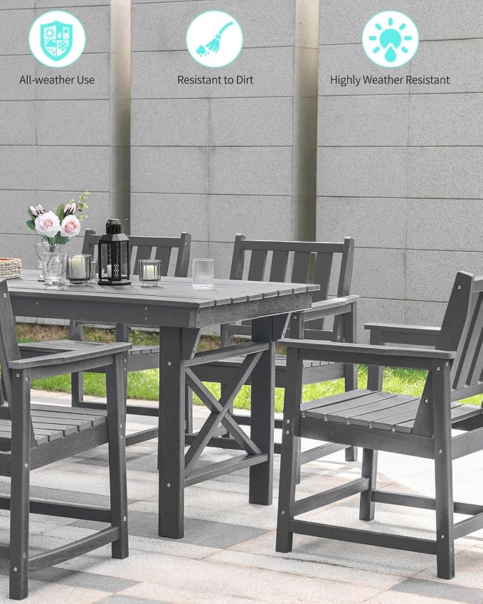 Outdoor Patio Dining Set, 5-Piece Rectangular HDPE Dining Table with Umbrella Hole and 4 Chairs, Modern Patio Furniture Dining Sets for Poolside, Deck and Garden, Gray