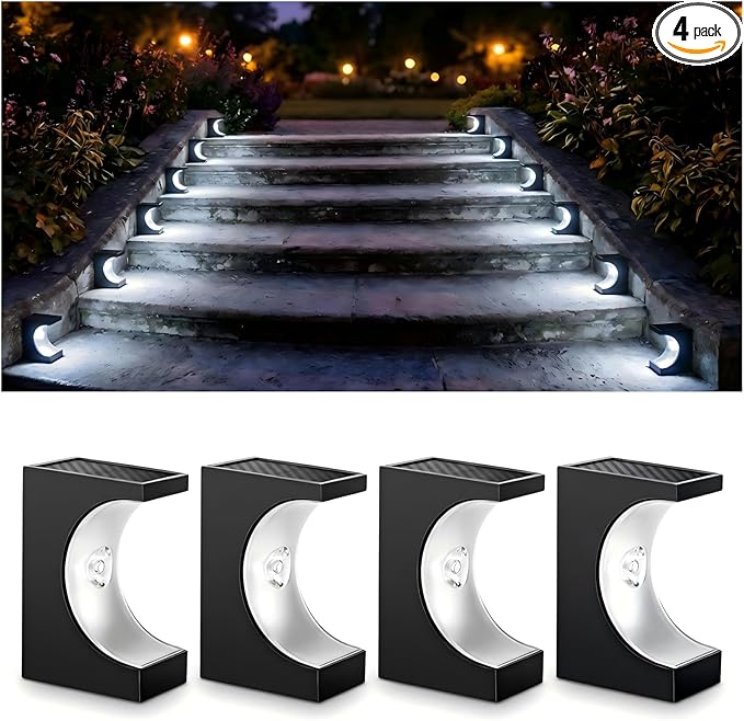 Upgraded Wireless Solar Step Lights. 5X Longer Life Than Ordinary. Strong 3M Adhesive + Screws. IP65 Waterproof for Stairs/Decks/patios. Reliable Performance(Cool White4 Pack)