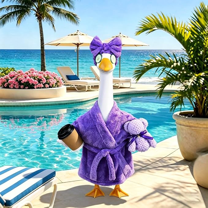 Celltestria Lady Goose Outfits for 23" Geese Purple Bathrobe Porch Goose Costume Coffee Cup Bear Cucumber Eye Mask Goose Clothes for Outdoor Patio Yard Lawn Garden Decoration