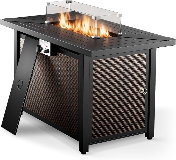 Patio Furniture Set with Fire Pit Table, 7PCS Patio Conversation Set Brown Resin Wicker Swivel Patio Chair Sofa Ottoman Set with Side Table and Fire Table PE Rattan Furniture Set