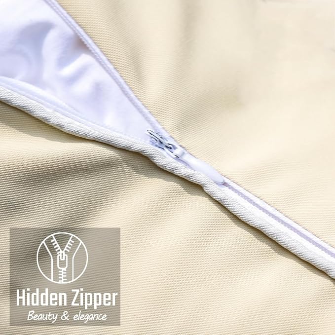 JOJOGOGO Beige Outdoor Decorative Throw Pillow Covers 18x18 Waterproof Set of 2, Farmhouse Outdoor Sunproof Porch Pillows 18 x 18 for Couch Sofa and Patio Furniture (with White Piping)