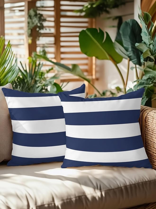 Waterproof Outdoor Pillow Set of 2 Navy Blue Stripe Decorative Throw Pillows Cover & Insert 16x16 Inch Pillowcase Simple Style Striped Square Pillows for Couch Sofa Bed Patio Furniture Indoor Outdoor