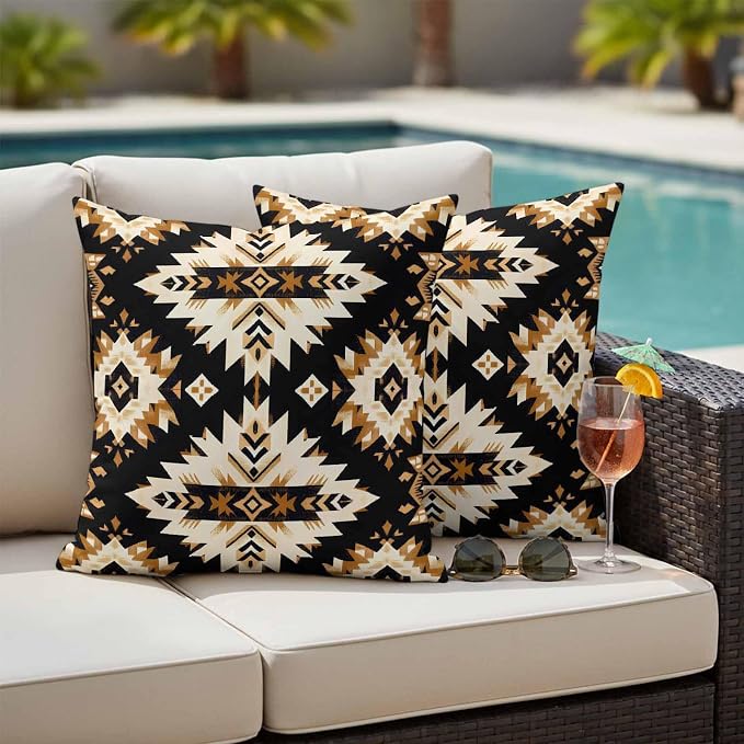 Southwestern Aztec Outdoor Pillow Covers 20x20 Inch Throw Pillow Covers Set of 2 Waterproof Decorative Pillow Cases Retro National Style Brown Abstract Cushion Covers for Patio Furniture Garden Couch