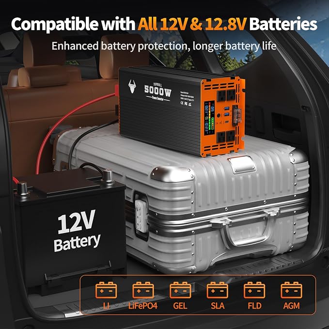 5000 Watt Power Inverter 12V DC to 120V/110V AC for Vehicles RV, Truck, Solar, Home, Off-Grid Car Converter Surge 10000W with 4 AC Outlet, 2 USB-A Port, 200ft Remote Control and 3 AC Terminal Blocks