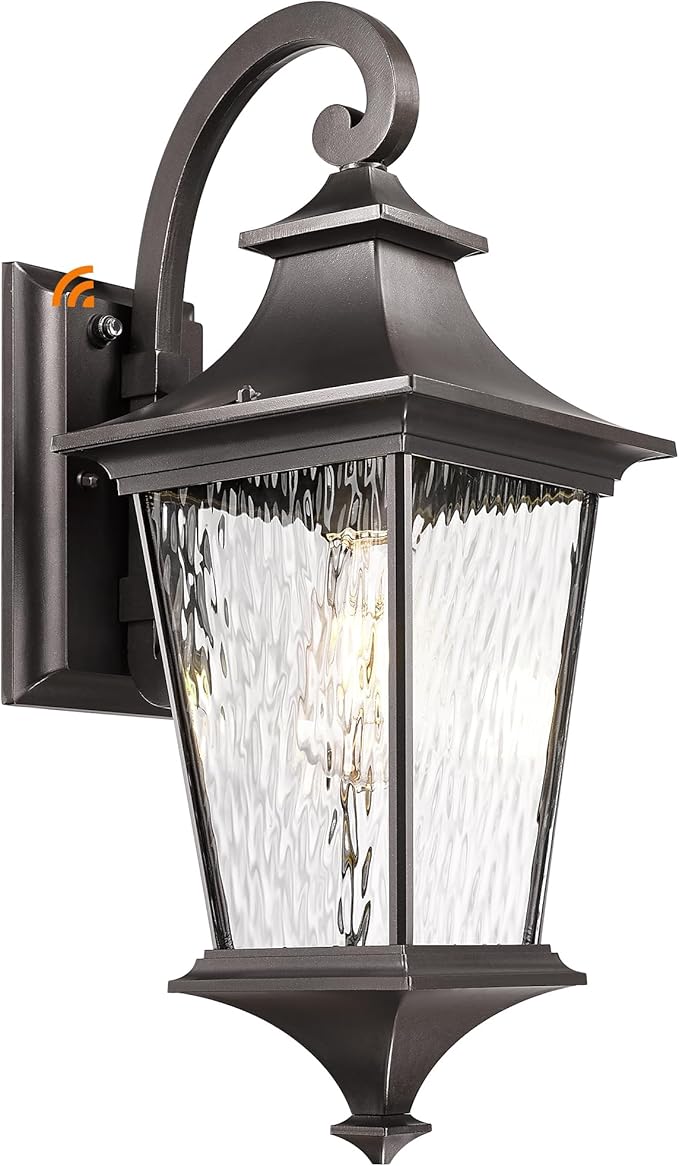 Emliviar Dusk to Dawn Outdoor Porch Light, 21.1" Exterior Wall Mount Lamp for Doorway, Patio Wall Lantern with Water Ripple Glass, Oil Rubbed Bronze Finish, XE292B-M-PC ORB SW
