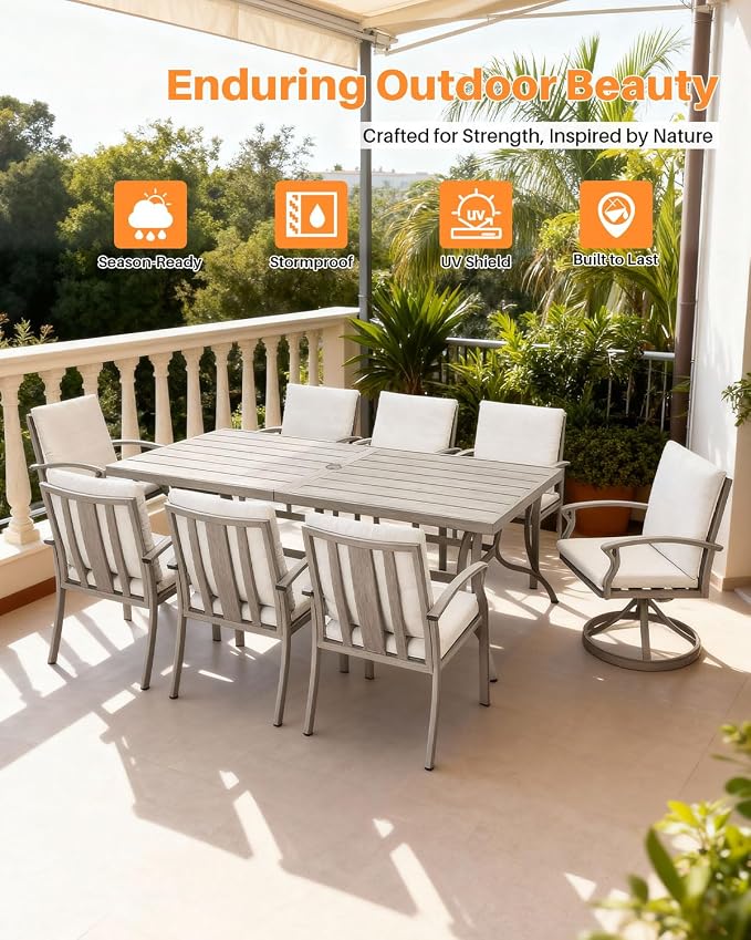 9-Piece Patio Dining Set, Never-Rust Aluminum Outdoor Dining Set for 8, Patio Furniture Sets, 6 Dining Chairs, 2 Swivel Dining Chairs for Decks, Garden, Backyard, Lawn, Limed Oak