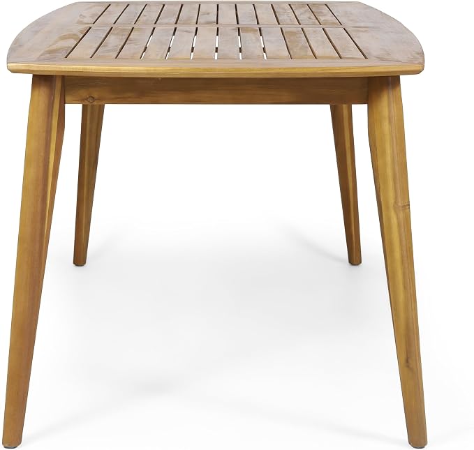 Christopher Knight Home 7 Piece Outdoor Dining Set, 71" Acacia Wood Patio Table with 6 Light Brown Wicker Chairs and Cream Cushions, Teak Finish Wood Dining Table Set for Backyard Garden Porch Deck