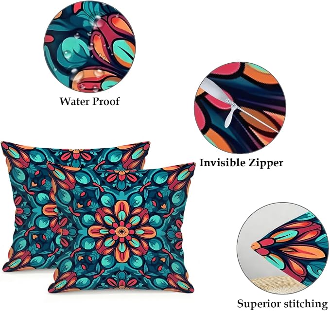 20x20 Inch Outdoor Pillow Covers Set of 2 Waterproof Throw Pillow Covers Decorative Couch Cushion Covers Boho Mandala Floral Square Pillowcases Protectors for Patio Garden Sofa