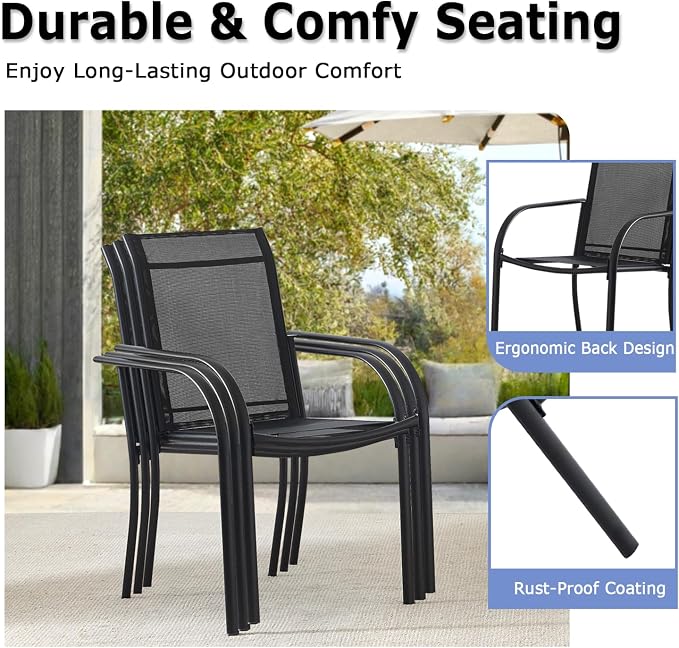 5 Piece Patio Dining Set for 4, 42” Black Round Table with Umbrella Hole and 4 Black Patio Stackable Chairs, Patio Table and Chairs for Backyard, Lawn, Deck & Garden