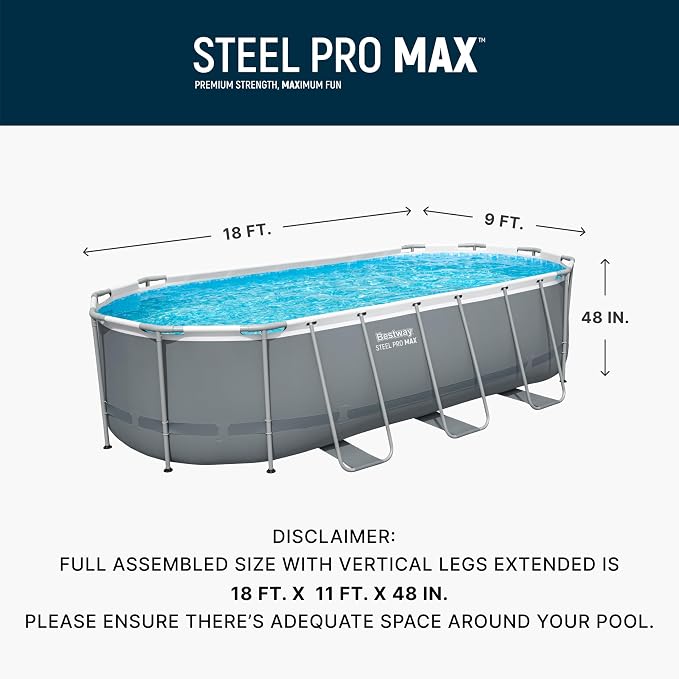 Bestway Steel Pro MAX 18' x 9' x 48" Above Ground Pool, Oval Metal Frame Outdoor Swimming Pool Set with Filter Pump, Ladder, and Cover, Gray