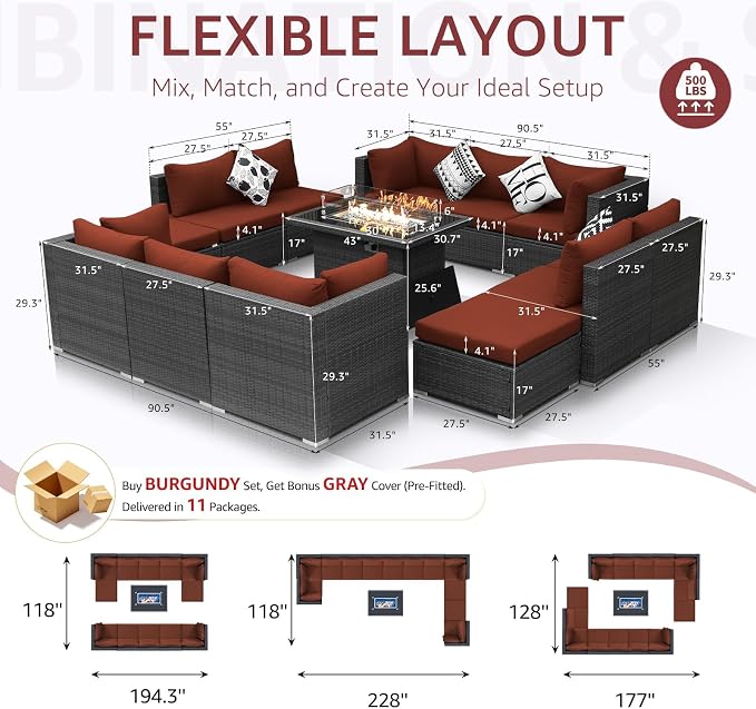 NICESOUL Backyard Furniture Set with Firepits Natural Gas/Propane, 12 Seater XL Oversized Wicker Sectional Couches, 29.3'' High Back Comfy Deep Wide Outdoor Patio Sofa Set, 2 Color Cushion Red & Gray