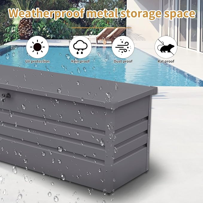 GOWE 260 Gallon Metal Outdoor Deck Box Waterproof, Extra Large Patio Storage Box with Lockable Storage Containers for Patio Furniture Cushions, Pool Accessories, Garden Tools Light Gray