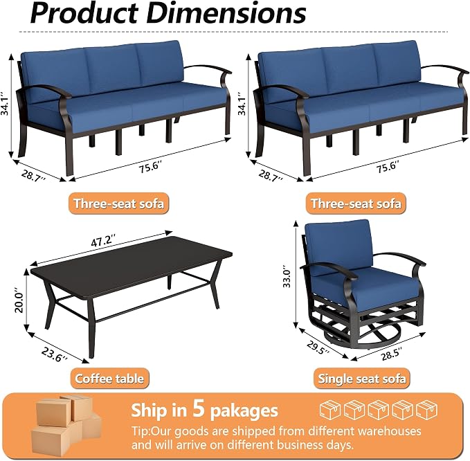 Aluminum Patio Furniture Set with Coffee Table,8 Seats Metal Modern Outdoor Furniture w/5.1" Thick Cushions,Patio Sectional w/Swivel Chairs for Patio,Backyard,Navy