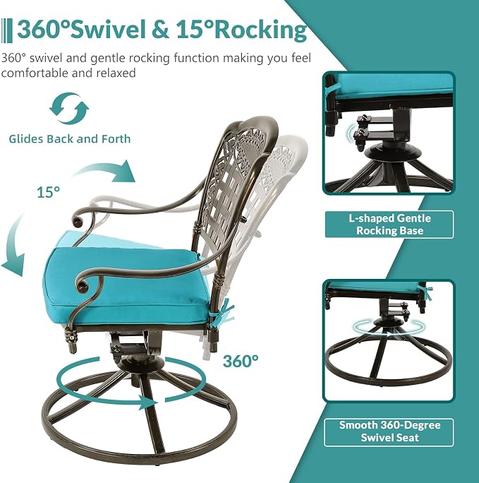 MEETWARM 9-Piece Outdoor Patio Dining Set for 8, All Weather Cast Aluminum Patio Funiture Table and Chairs Set- Large 64" Square Table and 2 Swivel Rocker Chairs, 6 Stationary for Garden, Ocean Blue