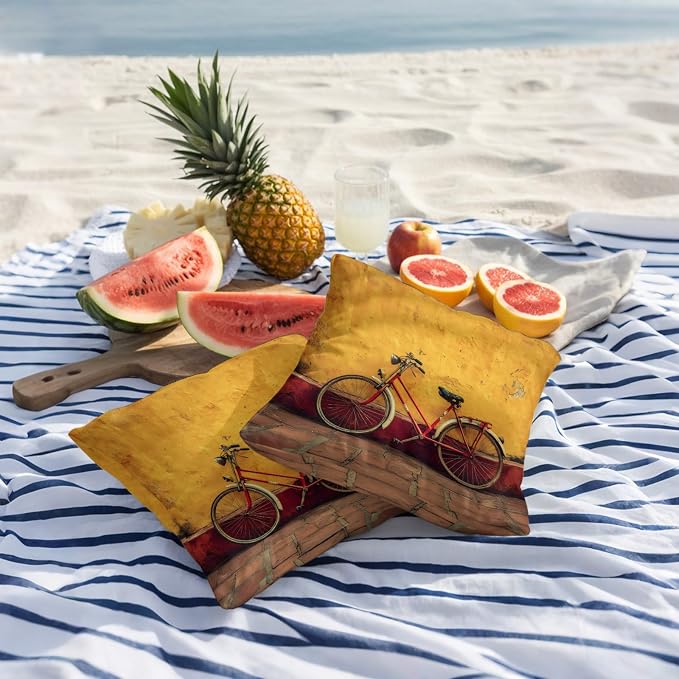 Bicycles Outdoor Pillow Covers 18x18 Inch Throw Pillow Covers Set of 2 Waterproof Decorative Pillow Cases Farmhouse Vintage Vehicle Yellow Broken Walls Cushion Covers for Patio Furniture Garden Couch