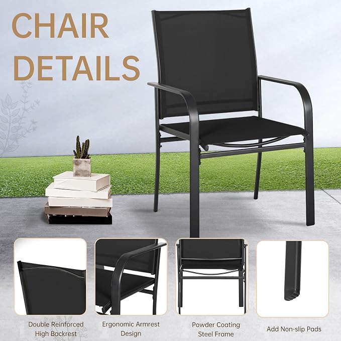 SUNCROWN 8 - Piece Outdoor Dining Set, Patio Furniture Set with 6 Textilene Dinning Chairs, 1 Rectangle Metal Table and 1 Brown 9Ft Patio Umbrella for Lawn Garden Backyard Deck, Black