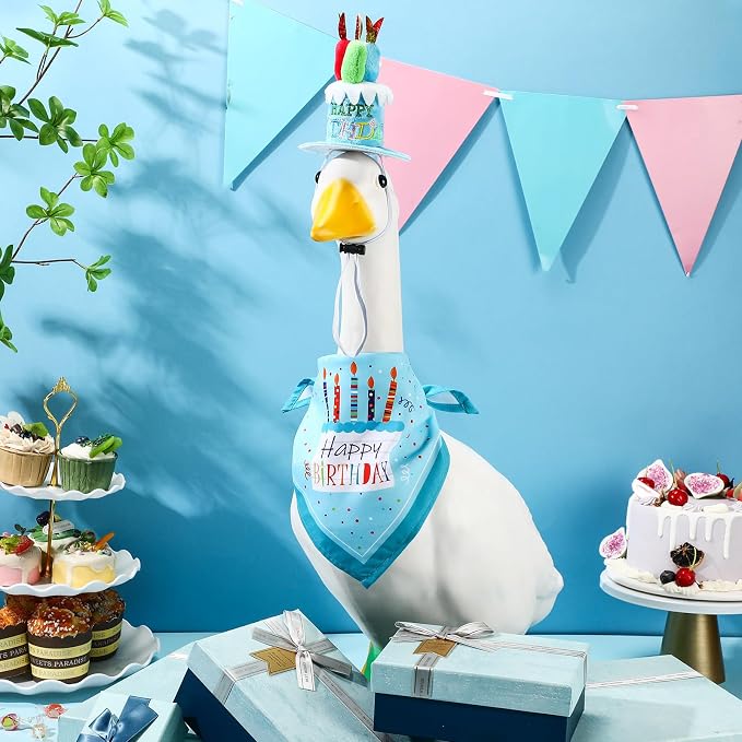 Dansydaisy Happy Birthday Goose Outfit Porch Goose Outfits with Happy Birthday Cake Hat and Bandana Yard Geese Outfits for 23" 17" Cement Plastic Geese Duck Decorations(Style 2,Blue)