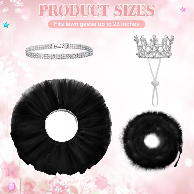 4 Pcs Princess Porch Goose Outfit for 23" 17" Cement Lawn Goose Costume Crown Necklace Tutu Skirt Feather Trim(Black)