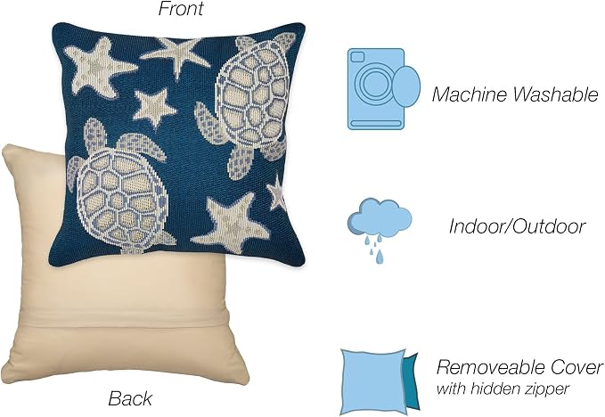 Liora Manne MARINA Indoor/Outdoor Power Loomed Easy Care Pillow - Transitional Geometric Coastal Beach Colorful (Turtle And Stars Navy) (12" x 18")