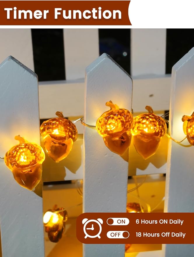 2 Pack 30 LED Acorn Fall Decorations, String Lights Battery Operated Remote | 20FT 3D Acorn Fairy Twinkle Lights with Timer, 8 Modes, Waterproof Outdoor Autumn Harvest, Thanksgiving, Halloween Decoration