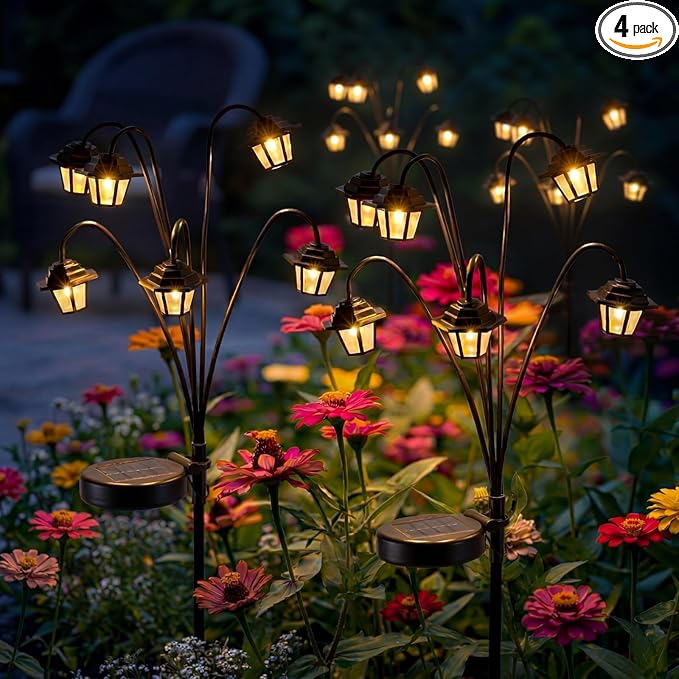 4 Pack Solar Hexagon Lights Outdoor Garden, 6 Head Solar Swaying Pathway Stake Lights with 8 Modes Changing Colors Waterproof for Yard Lawn Patio Landscape Decor