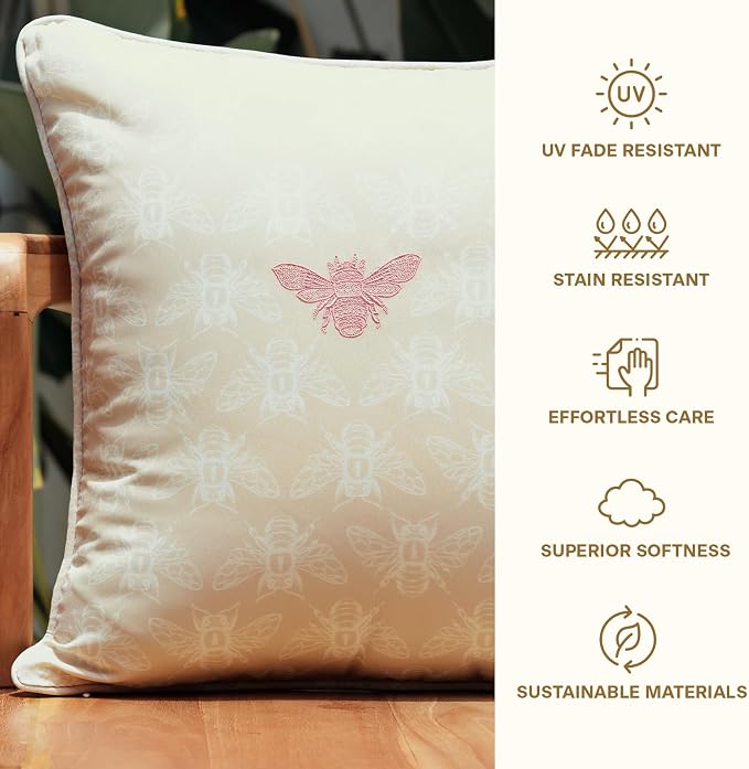 Honeycomb Indoor/Outdoor Lumbar Pillow for Patio Furniture, 20 x 12 | Chamomile Beige Embroidered Bumble Bee Throw Pillow, Water & Fade Resistant for Patio Furniture Set