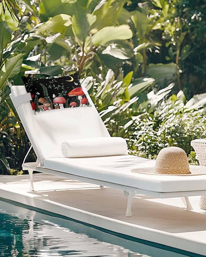 Outdoor Pillows Covers with Inserts Mushroom Plant in Starry Sky Moon Waterproof Recliner Pillow with Adjustable Strap Throw Pillows for Patio Furniture Pool Lounge Chair, 11x16 inch, 1PCS