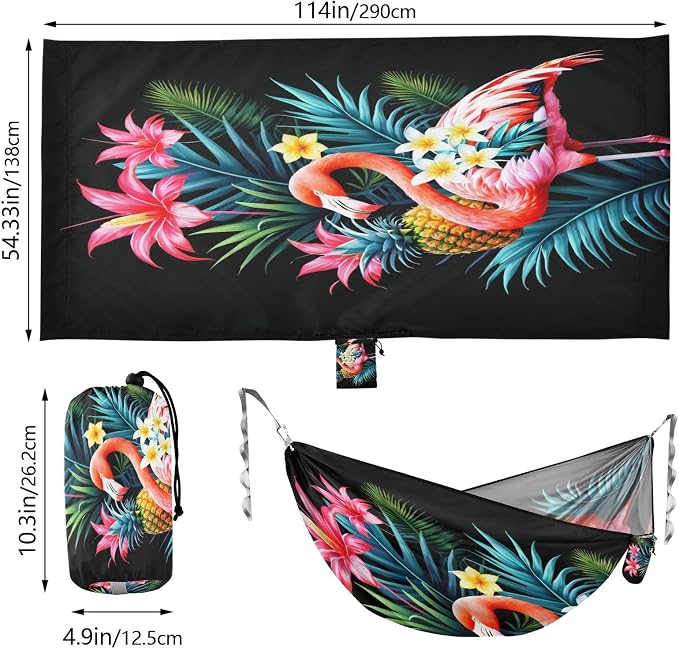 FRMG Flamingo Tropical Flowers Camping Hammock 500 lbs Capacity Portable Hammocks with Tree Straps & Attached Carry Bag, Camping Essentials Gear A0900560a