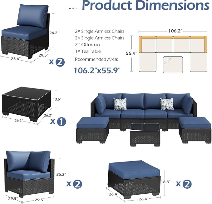 7 Piece Outdoor Patio Furniture Set with Cushions, PE Rattan Wicker Sectional Furniture Chair Set with Tea Table, Modular Patio Sofa for Garden, Backyard, Balcony Outdoor Lounge Area(Gray2)