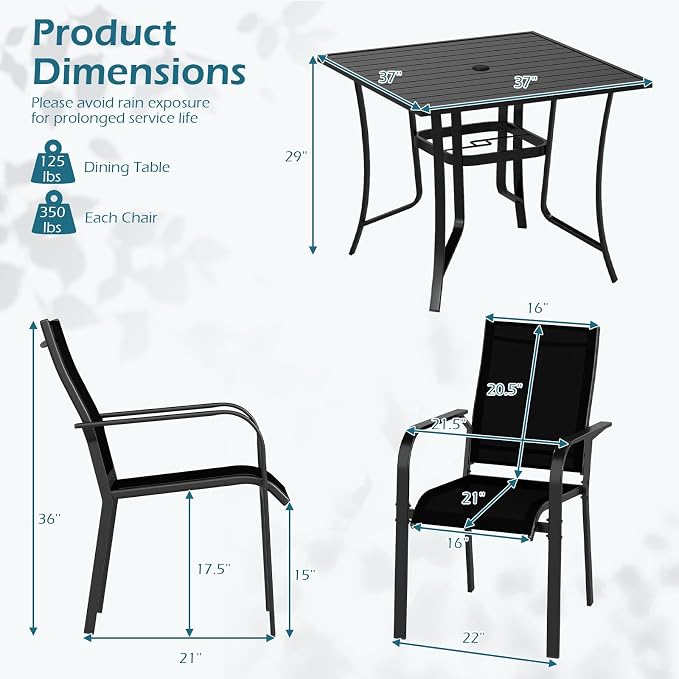 Tangkula 5 Pieces Patio Dining Set for 4, Outdoor Square Table and Stackable Chairs with Umbrella Hole, Outside Furniture Set for Backyard, Garden and Deck (37",Black)