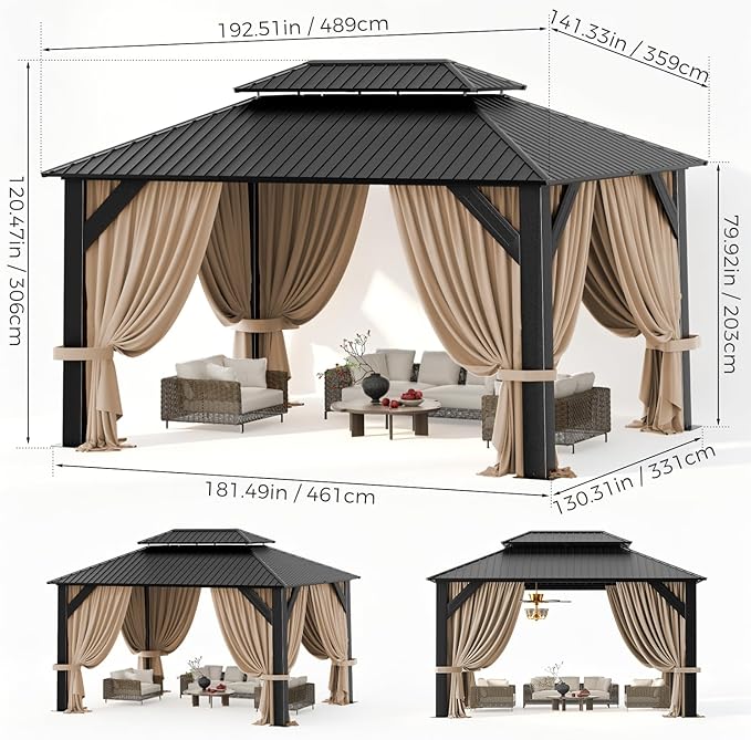 12’x16’ Hardtop Gazebo, Galvanized Steel Double Roof Canopy with Aluminum Frame, Outdoor Pavilion with Nettings and Curtains