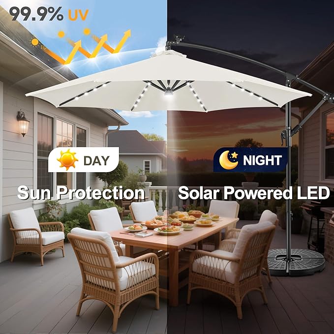 FLAME&SHADE 10ft Solar Cantilever Umbrella with 40 LED Lights, Lighted Large Offset Outdoor Patio Umbrellas, 8 Sturdy Ribs, UPF50+ UV Protection for Pool Deck Garden Yard, Ivory