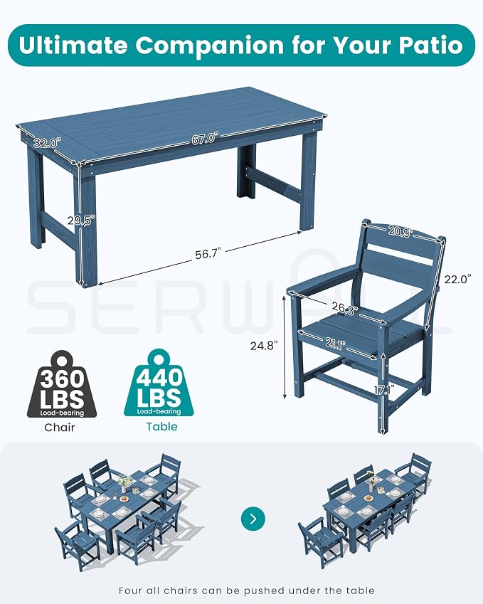 SERWALL HDPE Outdoor Dining Table and Chairs Set for 4 | with Oversized Chair Seat