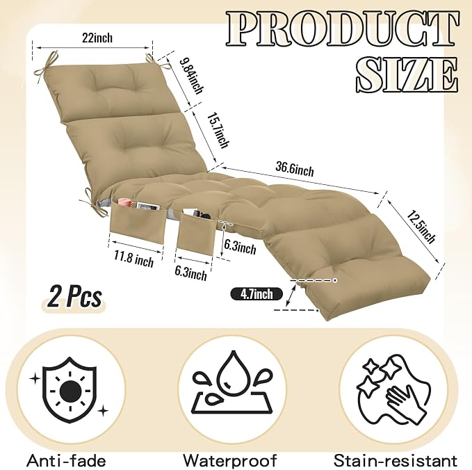 Kigley 2 Pcs Outdoor Chaise Lounge Cushions with 3 Side Pocket 74.5 x 22 x 4.7 Inch Patio Chaise Lounge Cushion, Water-Repellent and Fade-Resistant Tufted Summer Replacement(Brown)