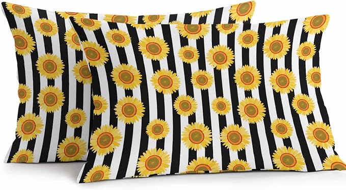 Vandarllin Outdoor Throw Pillows Covers 20x12 inch Set of 2 Waterproof Sunflower Decorative Zippered Cushion Covers for Patio Furniture, Summer Floral Black Stripes Lumbar Pillowcases