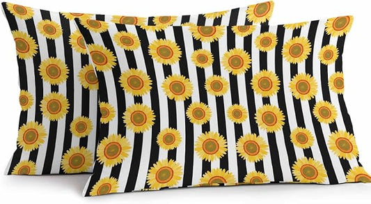 Vandarllin Outdoor Throw Pillows Covers 20x12 inch Set of 2 Waterproof Sunflower Decorative Zippered Cushion Covers for Patio Furniture, Summer Floral Black Stripes Lumbar Pillowcases