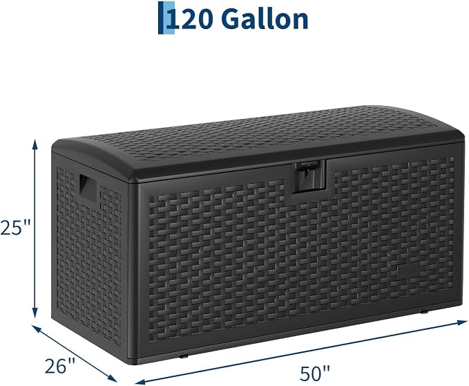 120 Gallon Waterproof Resin Deck Box Large Lockable Storage Container with Hydraulic Rod for Patio Furniture Tools Pool Garden Outdoor Indoor Black 50"L x 26"W x 25"H