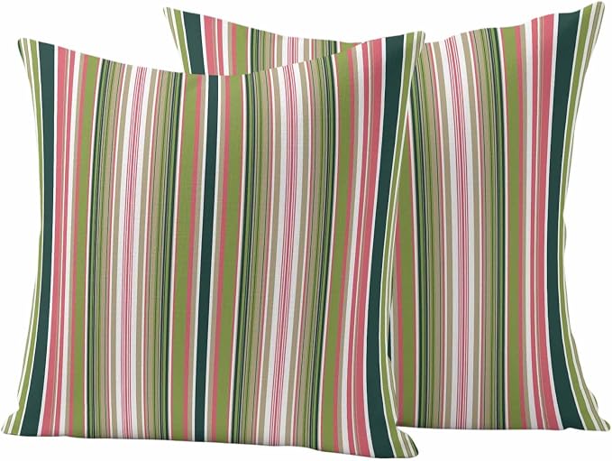 Outdoor Waterproof Throw Pillow Covers Set of 2 Sage Green Striped Pillowcases 24x24 Inches Geometric Pink Stripes Decorative Pillows Cushion Case Patio Pillows for Couch Bed Chair Garden