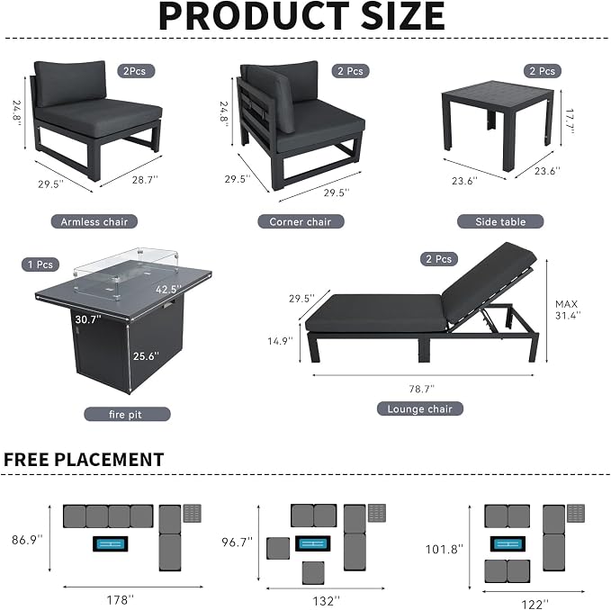 BULEXYARD 9 Pcs Grey Aluminum Patio Furniture Set with Fire Pit Table & Grey Cushion, Large Modern Outdoor Modular Sectional Sofa, Luxury Deep Seat Conversation for Backyard Pool