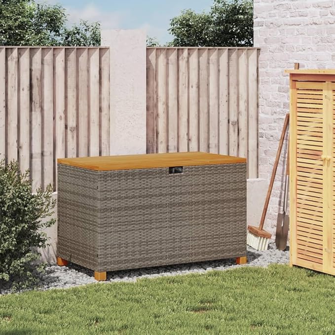 Patio Storage Box, Deck Box Organization and Storage, Deck Storage Container Box for Patio Furniture,Outdoor Cushions, Pool Supplies, Gray 43.3"x21.7"x24.8" Poly Rattan Acacia Wood