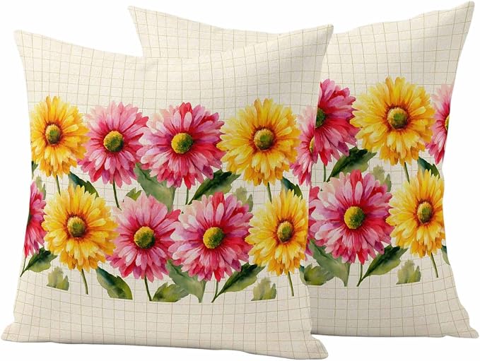 Yellow Pink Daisy Outdoor Pillow Covers 20"x20" Set of 2, Rustic Farmhouse Boho Yellow Plaid Waterproof Throw Pillow Covers for Patio Furniture, Decorative Cushion Covers for Porch